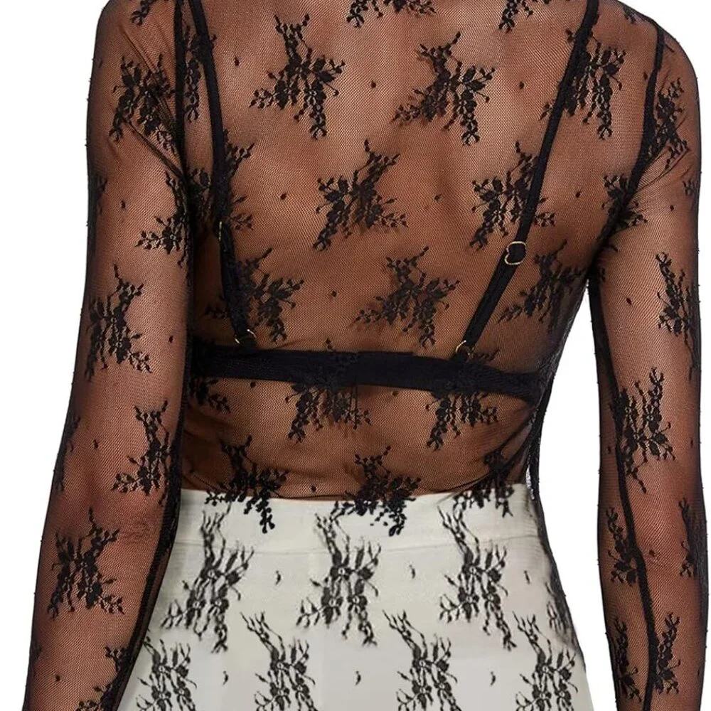 Breathable Black Mesh Long Sleeve Top - See-Through Floral Layering Blouse